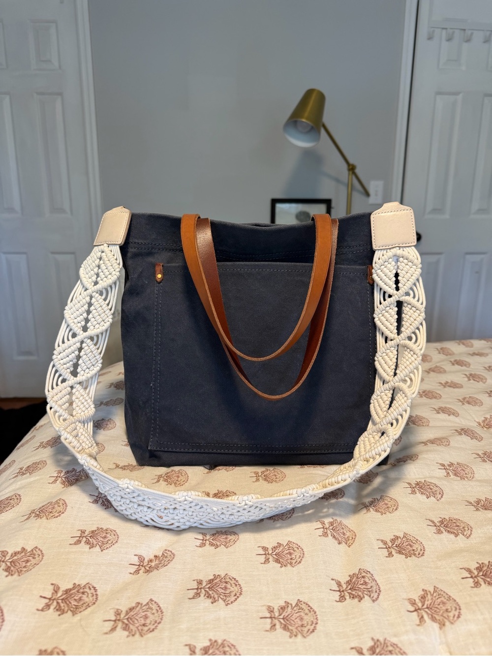 Madewell Navy Canvas Tote with Braided White Strap and Brown Leather Handles